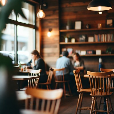 People chatting in cozy wooden cafe