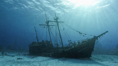 Sunken Shipwreck on Ocean Floor