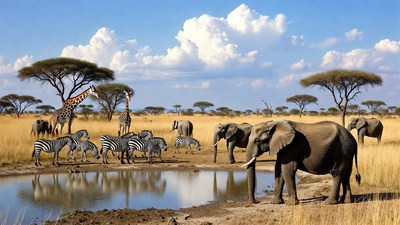 Elephants Giraffes Zebras at Waterhole