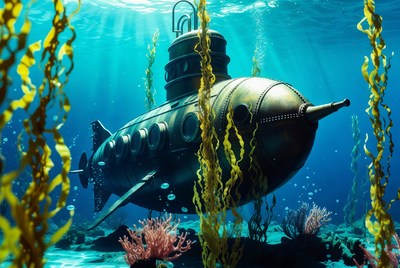 Steampunk Submarine in Underwater Kelp Forest