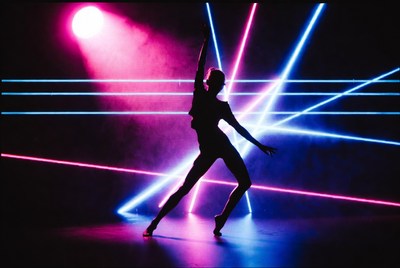 Silhouette woman dancing neon lights