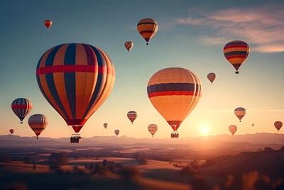 Hot Air Balloons Over Mountains at Sunrise