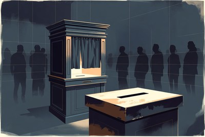 Voting Booth with Line of People