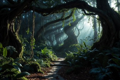 Jungle Path Through Sunlit Trees