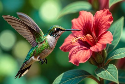 Hummingbird feeding on red hibiscus flower