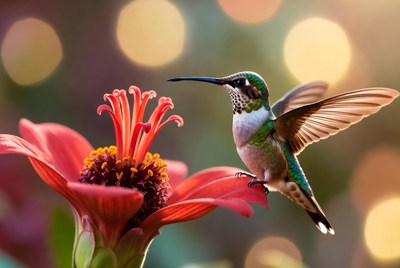 Hummingbird feeding on red flower