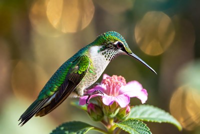 Hummingbird perched on pink flower