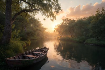 Rowboat on Calm River at Sunset