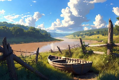 Old Wooden Boat by River
