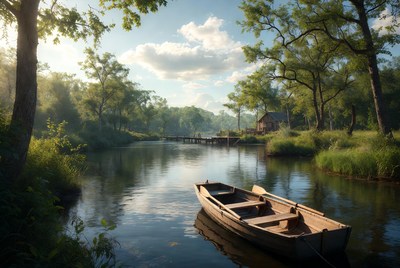 Rowboat on Calm Forest River
