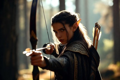Elf woman drawing bow in forest