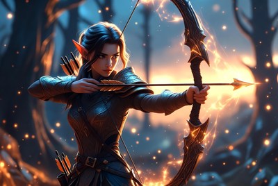 Elf woman drawing glowing bow in forest