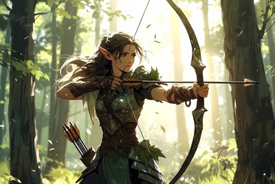 Elf woman drawing bow in forest