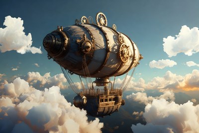 Steampunk Airship Flying in Clouds