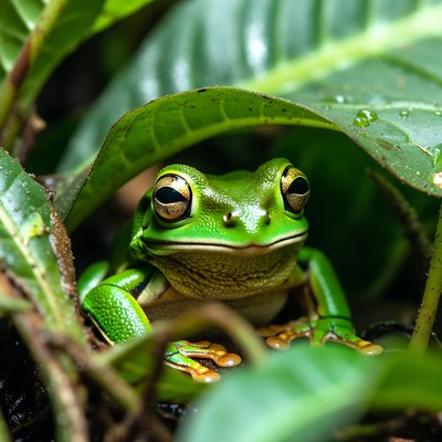 Green tree frog on leaves