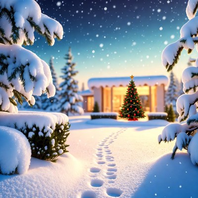 Snowy Christmas Tree by House