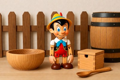 Pinocchio toy with wooden barrel and bowl