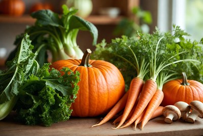 Fresh Pumpkins Carrots Vegetables on Table