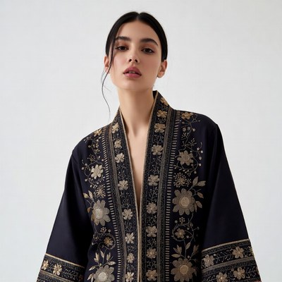 Asian woman in embroidered black jacket