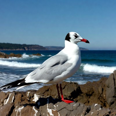 Black-headed gull on rocky beach