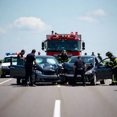 Firefighters and Police at Car Crash