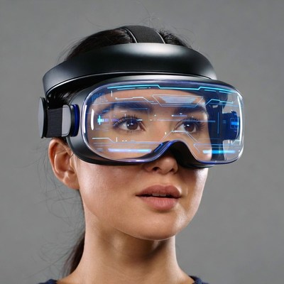 Asian woman wearing futuristic VR headset