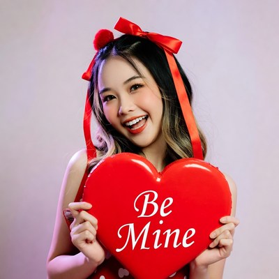 Asian woman holding Be Mine heart