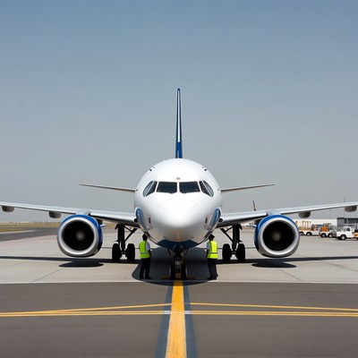 White Airplane with Ground Crew on Tarmac
