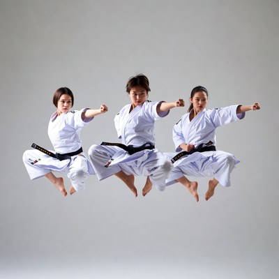 Three women performing karate kicks