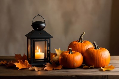 Lantern with Pumpkins and Autumn Leaves