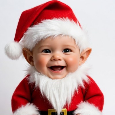 Baby dressed as Santa Claus smiling