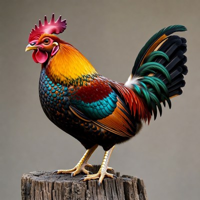 Colorful Rooster Standing on Stump