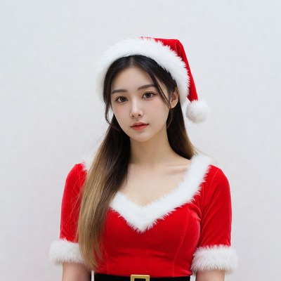 Asian woman in Santa hat and dress