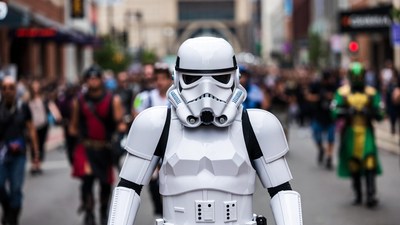 Stormtrooper at crowded cosplay street parade