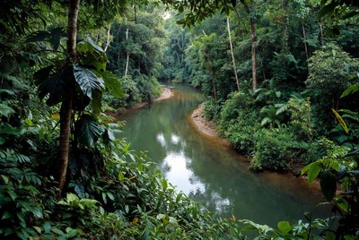River flowing through dense rainforest