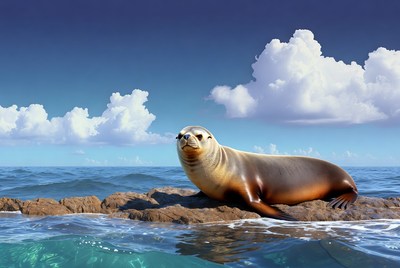 Sea lion on rocky ocean shore