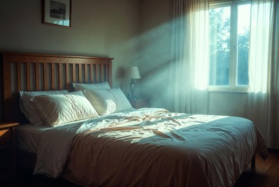 Sunlit bedroom with wooden bed