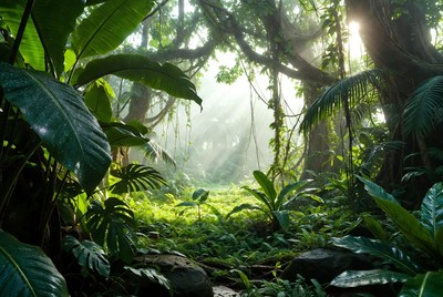 Lush Tropical Jungle with Sunbeams