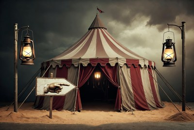 Circus tent with lanterns and sign