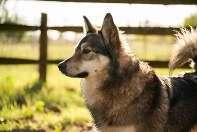 German Shepherd by wooden fence