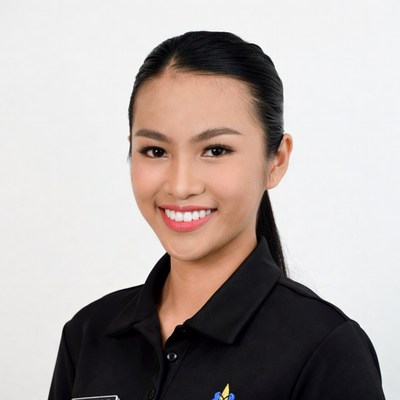 Asian woman in black uniform smiling
