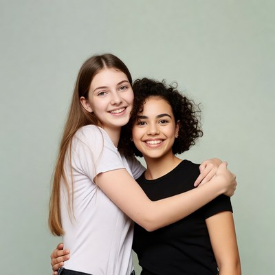 Two smiling teenage girls hugging