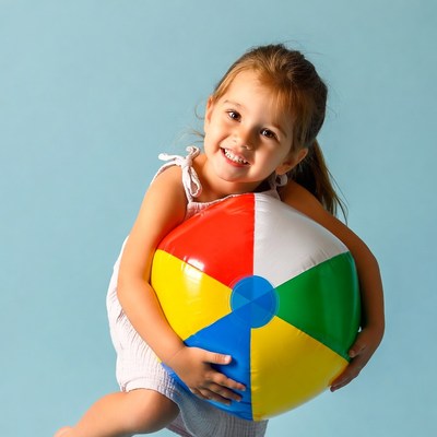 Girl holding colorful beach ball