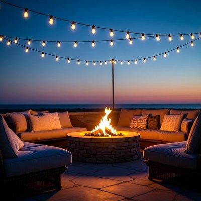 Outdoor Fire Pit with String Lights