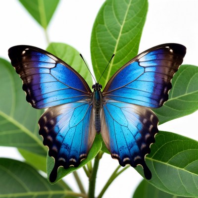Blue Morpho Butterfly on Green Leaf