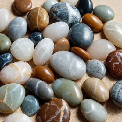 Colorful Polished Pebbles on Sand