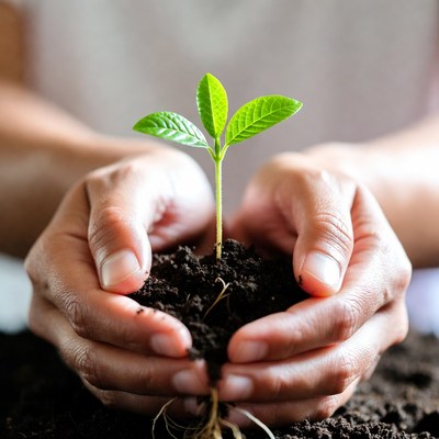 Hands holding young green plant