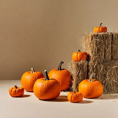 Assortment of pumpkins on hay bales