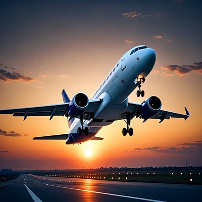 Airplane Landing at Sunset