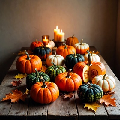 Assortment of pumpkins and candles on table